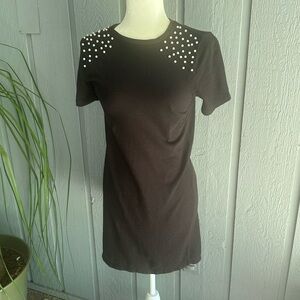 Zara Trafaluc Black Jersey Style T-Shirt Small Dress White Beads Small Mini